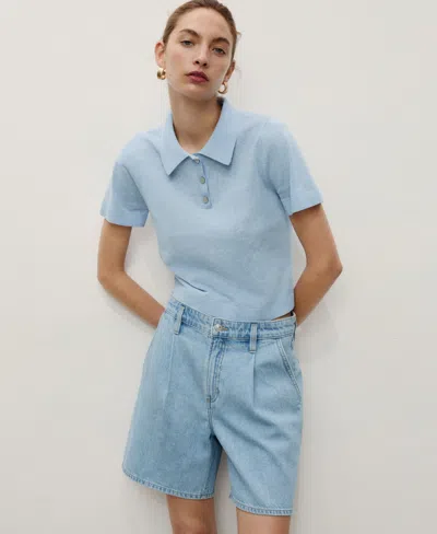 Mango Mid-rise Denim Bermuda Shorts With Pleats Light Blue In Blue