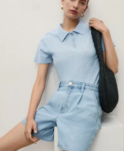 Mango Mid-rise Denim Bermuda Shorts With Pleats Light Blue In Blue