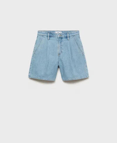 Mango Mid-rise Denim Bermuda Shorts With Pleats Light Blue In Blue