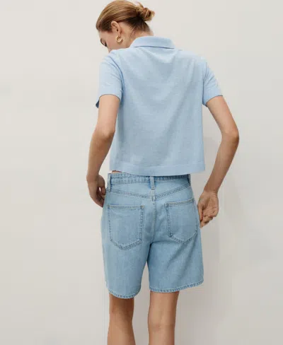 Mango Mid-rise Denim Bermuda Shorts With Pleats Light Blue In Blue