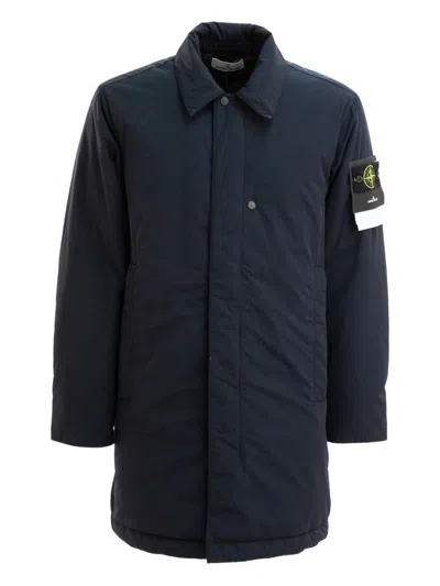 Stone Island Relaxed-fit Blue Coat With Button Closure And Signature Logo Patch In Blue