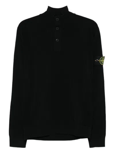 Stone Island High Collar Pullover With Buttoned Placket And Logo Patch In Black