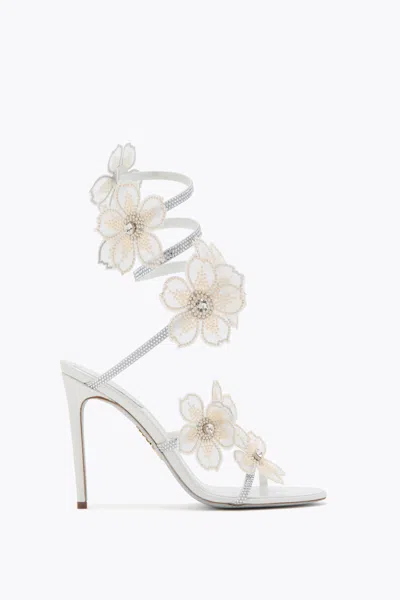 René Caovilla Leather Floral Embroidered Crystal Sandals In White