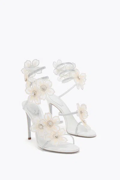 René Caovilla Leather Floral Embroidered Crystal Sandals In White