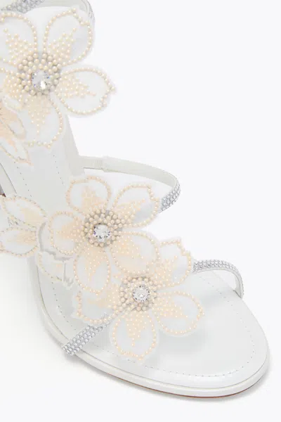 René Caovilla Leather Floral Embroidered Crystal Sandals In White