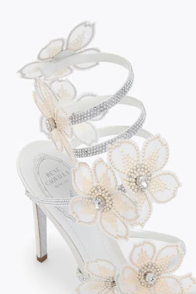 René Caovilla Leather Floral Embroidered Crystal Sandals In White