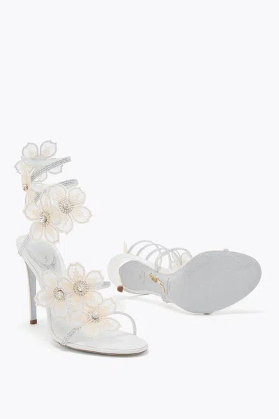 René Caovilla Leather Floral Embroidered Crystal Sandals In White
