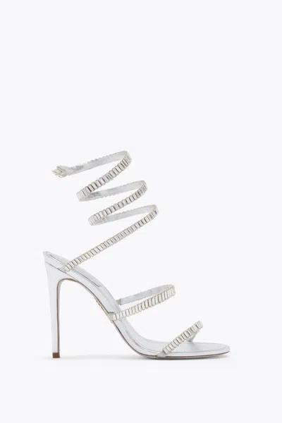 René Caovilla Metallic Leather Strass Snake Ankle Wrap Sandals In Silver