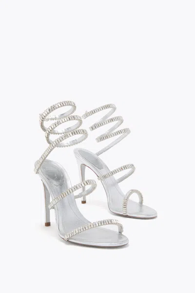 René Caovilla Metallic Leather Strass Snake Ankle Wrap Sandals In Silver