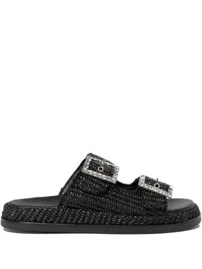Alibi Greta Crystal Buckle Raffia Sandals In Black