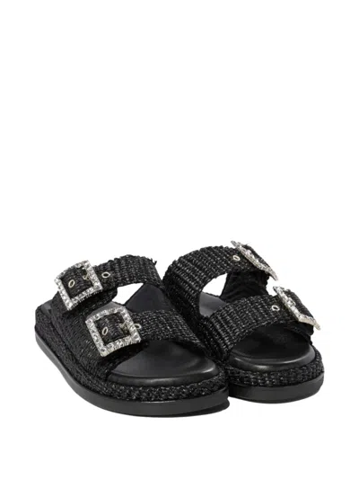 Alibi Greta Crystal Buckle Raffia Sandals In Black