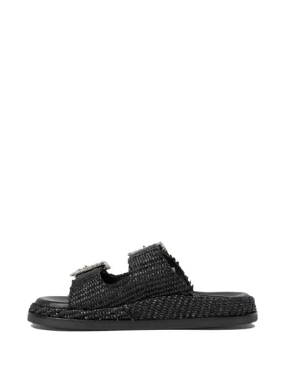 Alibi Greta Crystal Buckle Raffia Sandals In Black