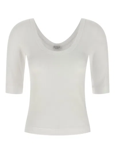 Brunello Cucinelli Ribbed Scoop Neck Stretch Fit T-shirt In Gray