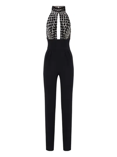 Elisabetta Franchi Black Jumpsuit With Embroidered Bodice And Halterneck In Tech Fabric Stretch Woman In Black