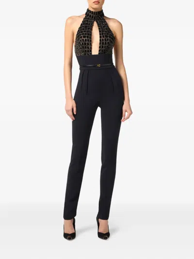 Elisabetta Franchi Black Jumpsuit With Embroidered Bodice And Halterneck In Tech Fabric Stretch Woman In Black