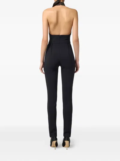 Elisabetta Franchi Black Jumpsuit With Embroidered Bodice And Halterneck In Tech Fabric Stretch Woman In Black