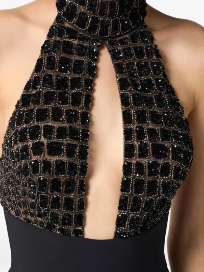 Elisabetta Franchi Black Jumpsuit With Embroidered Bodice And Halterneck In Tech Fabric Stretch Woman In Black