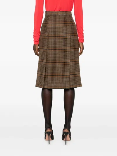 Saint Laurent Grey Midi Skirt With Side Concealed Zip Closure And All-over Check Motif In Wool And Cashmere Woman In Brown