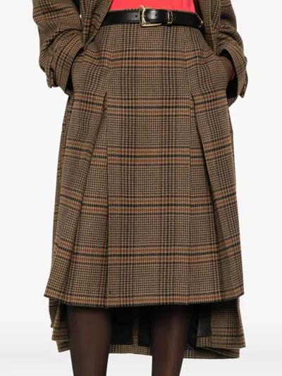 Saint Laurent Grey Midi Skirt With Side Concealed Zip Closure And All-over Check Motif In Wool And Cashmere Woman In Brown