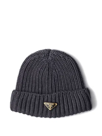 Prada Womens Grey Logo-embellished Knitted Wool Beanie In Blue