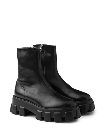 Prada Black Stretch Nappa Monolith Ankle Boots In Black