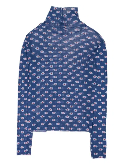 Callipygian Blue Flower Printed Mesh Turtleneck Sweater In Burgundy