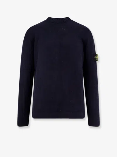 Stone Island Crew-neck Wool Blend Sweater With Logo Patch In Blue