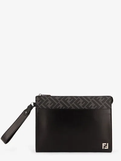 Fendi Leather And Canvas Ff Squared Clutch Bags In Black
