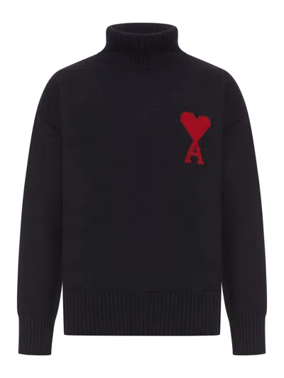 Ami Alexandre Mattiussi Relaxed Fit Black Wool Turtleneck Sweater With Graphic Heart Motif In Black