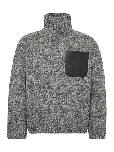 Jw Anderson Grey Sweater With High Neck And One Front Patch Leather Pocket In Wool Blend Man In Gray