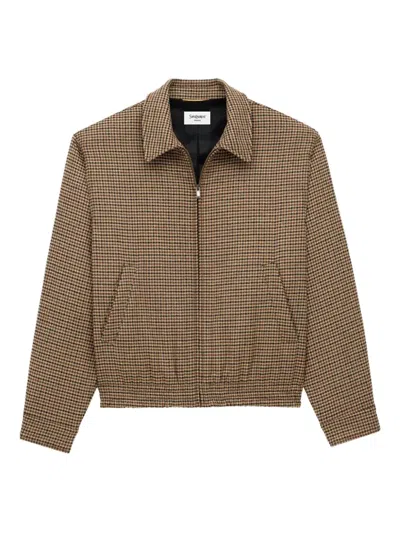 Saint Laurent Checked Zip-up Bomber Jacket In Brown