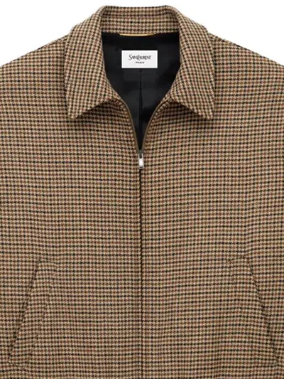 Saint Laurent Checked Zip-up Bomber Jacket In Brown