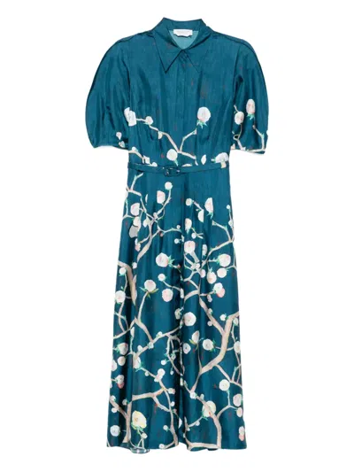 Gabriela Hearst Maude Pleated Midi Shirtdress In Blue Multi Printed Silk Twill