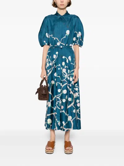 Gabriela Hearst Maude Pleated Midi Shirtdress In Blue Multi Printed Silk Twill