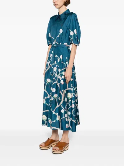 Gabriela Hearst Maude Pleated Midi Shirtdress In Blue Multi Printed Silk Twill