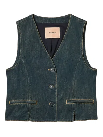 Twinset Twin-set Buttoned Cotton Vest In Blue