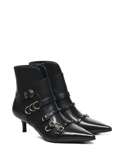 Pinko Buckle-detail Pointed-toe Boots In Black