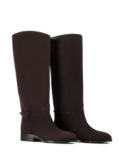 Le Silla Calf Suede Buckle Boots In Brown