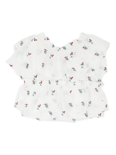 Callipygian Floral-embroidered Ruffled Blouse In White