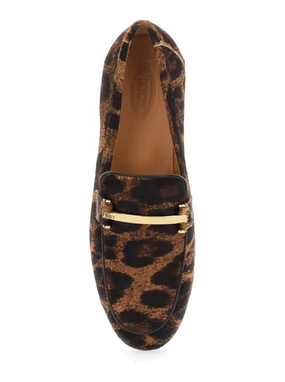 Tod's Brown Loafers With Logo Plaque On The Front And All-over Leopard Motif In Suede Woman In Brown