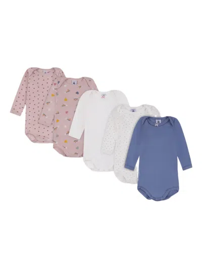 Petit Bateau Heart-print Long-sleeve Bodysuit (pack Of Five) In Blue