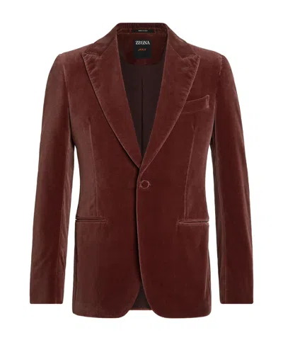 Zegna Velvet-effect Single-breasted Blazer In Burgundy