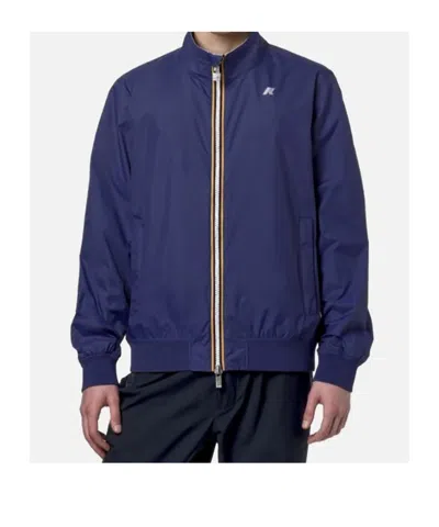 K-way Short Waterproof Jacket With Hood And Elastic Hem In Blue