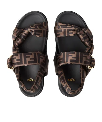 Fendi Women Feel Elastic Satin Sandals With Ff Motif In Brown