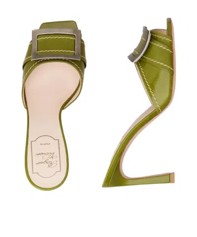 Roger Vivier Stitching Mule 85 Buckle Open Stiletto In Green