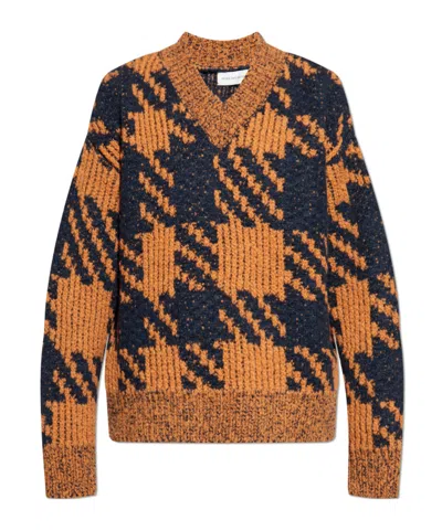 Dries Van Noten Textured Knit V-neck Long Sleeve Sweater In Multi
