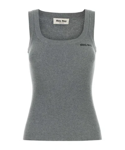 Miu Miu Scoop-neck Rib Knit Cotton Tank Top In Green