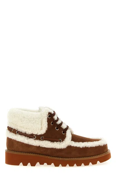 Valentino Garavani Palm Avenue Ankle Boot In Split-grain Leather And Wool 25mm Woman Tobacco/natural In Brown