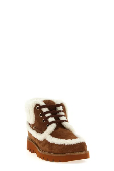 Valentino Garavani Palm Avenue Ankle Boot In Split-grain Leather And Wool 25mm Woman Tobacco/natural In Brown