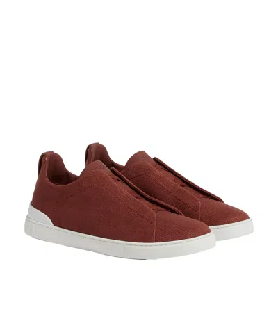 Zegna Triple Stitch Leather Low-top Sneakers In Brown